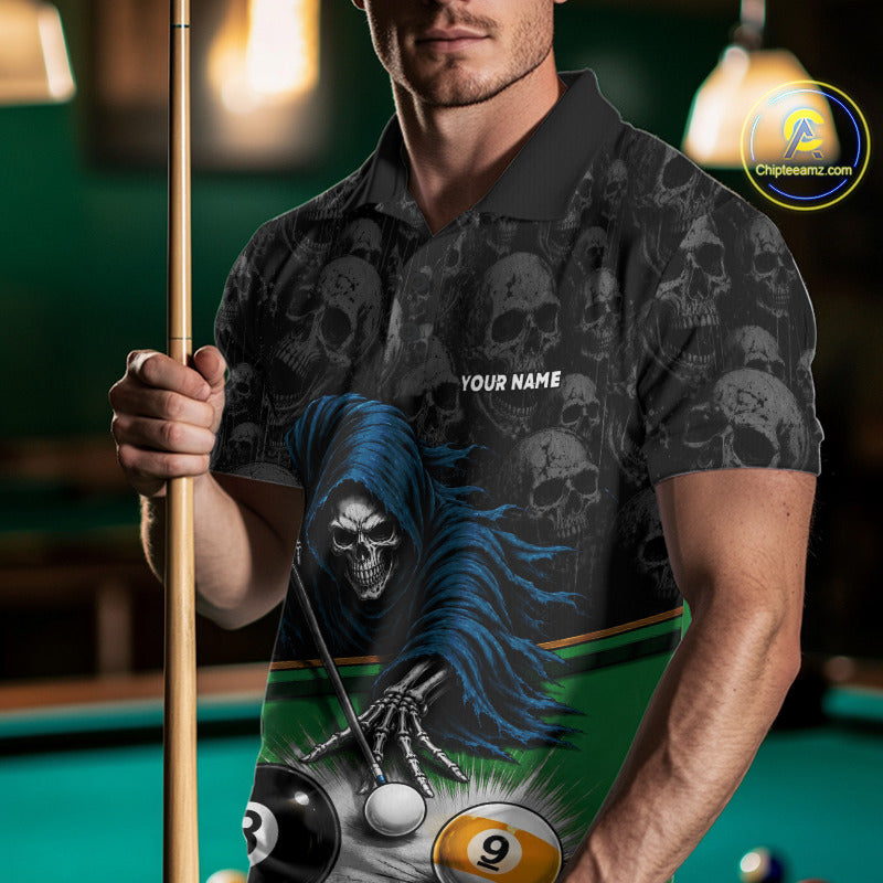 Man Wearing Personalized Funny Grim Reaper Skull 8 Ball 9 Ball Billiard Polo Shirt with Athletic Performance Fit and Eye Catching Graphic Artwork, Front View