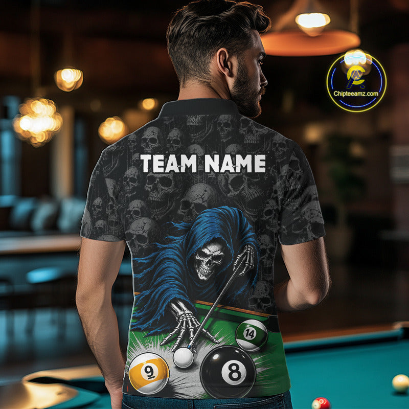 Man Wearing Personalized Funny Grim Reaper Skull 8 Ball 9 Ball Custom Pool Team Jersey Featuring the Complete Rear Graphic Design, Back View