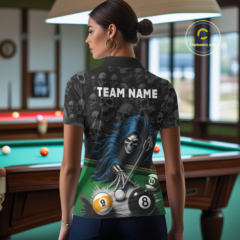 Woman Wearing Personalized Funny Grim Reaper Skull 8 Ball 9 Ball Custom Pool Team Jersey Featuring the Complete Rear Graphic Design, Back View