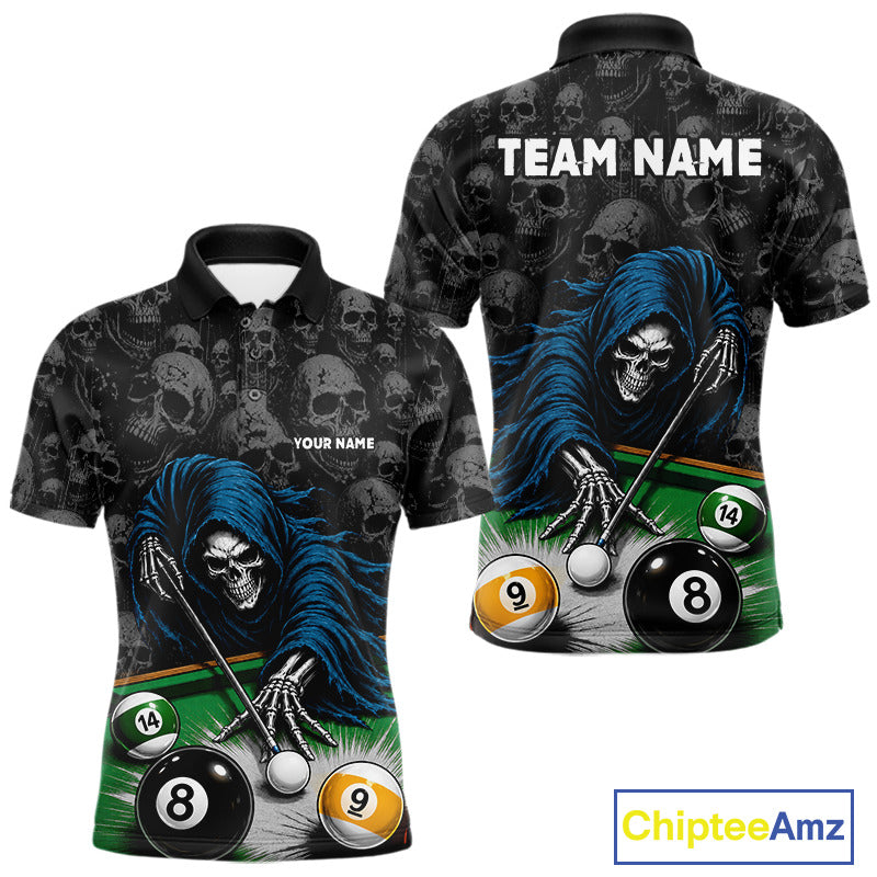 Custom Funny Grim Reaper Skull 8 Ball 9 Ball Polo Shirt Designed for Personalized Billiard Team Jerseys with Bold Artwork and Athletic Performance Style