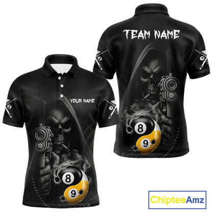 Custom Grim Reaper Yin Yang 8 Ball 9 Ball Smoke Black Pool Polo Shirt Designed for Personalized Billiard Team Jerseys with Premium Athletic Performance and Gothic Artwork