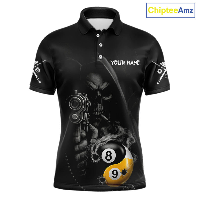 Grim Reaper 8 Ball 9 Ball Yin Yang Smoke Black Billiard Polo Shirt Featuring a Dark Gothic Design for Pool League Players, Team Competition, and Tournament Events