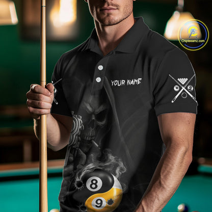 Man Wearing Grim Reaper 8 Ball 9 Ball Yin Yang Smoke Black Billiard Polo Shirt with Athletic Performance Fit and Bold Gothic Graphic Artwork, Front View
