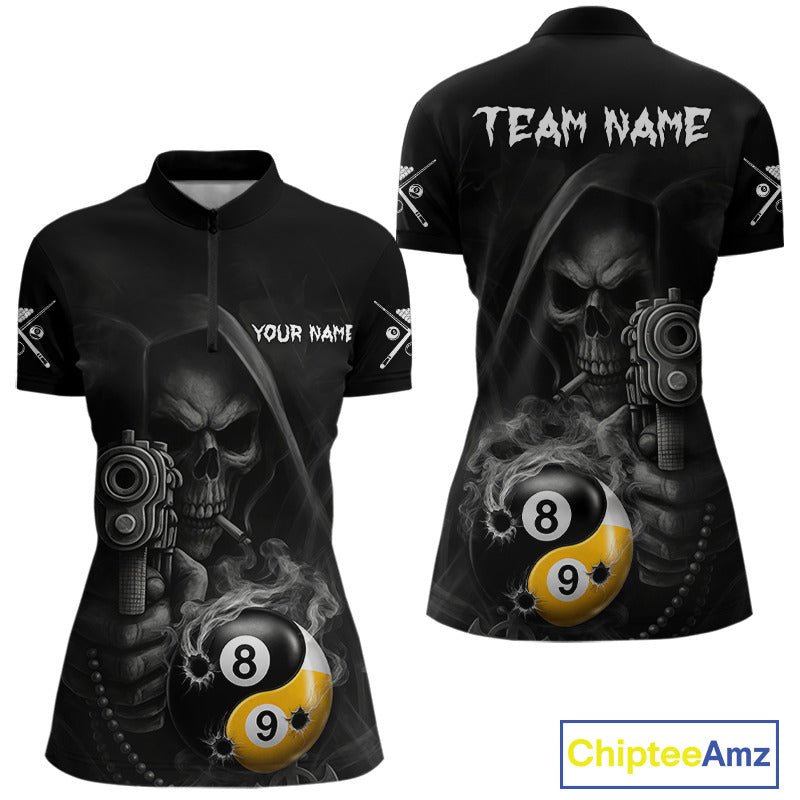 Grim Reaper 8 Ball 9 Ball Yin Yang Smoke Quarter Zip Billiard Shirt Created for Pool League Teams with Performance Fabric and Tournament Ready Team Design