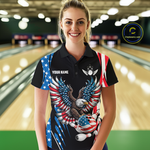 Load image into Gallery viewer, Personalized American Flag Eagle Bowling Polo &amp; 1/4 Zip For Women, Patriotic Bowling Team Jersey TDM5822