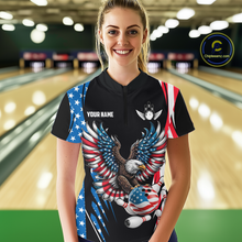 Load image into Gallery viewer, Personalized American Flag Eagle Bowling Polo &amp; 1/4 Zip For Women, Patriotic Bowling Team Jersey TDM5822
