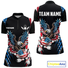 Load image into Gallery viewer, Personalized American Flag Eagle Bowling Polo &amp; 1/4 Zip For Women, Patriotic Bowling Team Jersey TDM5822
