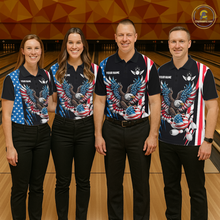 Load image into Gallery viewer, Personalized American Flag Eagle Bowling Polo &amp; 1/4 Zip For Women, Patriotic Bowling Team Jersey TDM5822