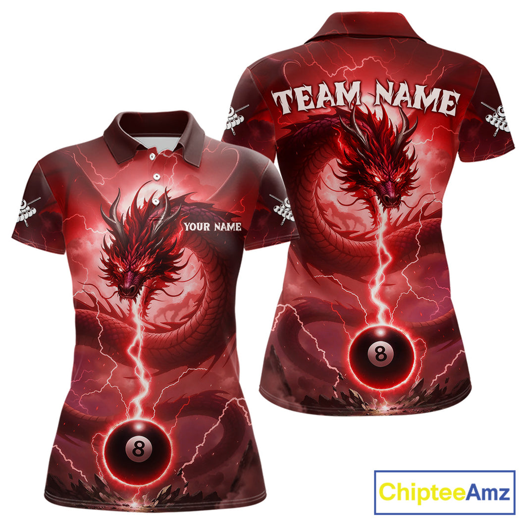 Red 8 Ball Lightning Dragon Billiard Jersey For Women Custom Pool Team Shirt Polo & 1/4 Zip TDM5116