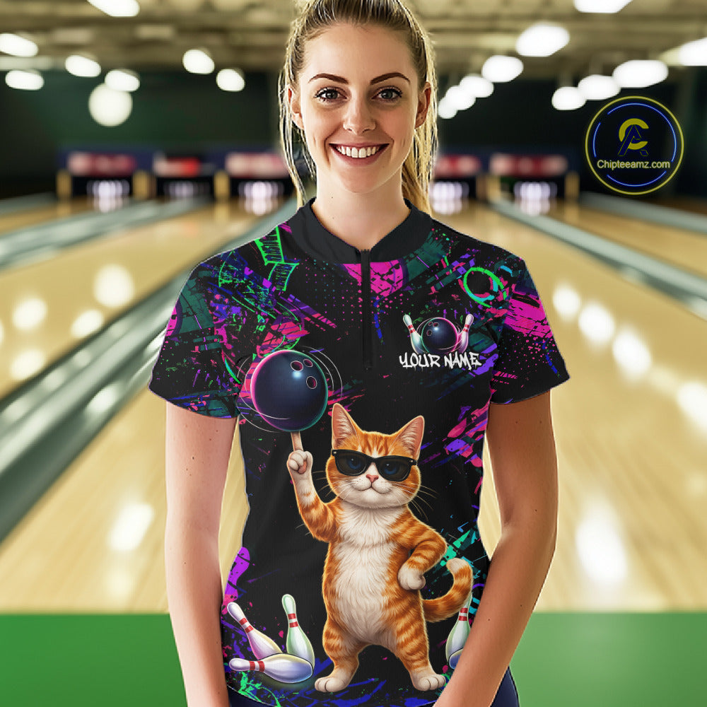 Personalized Funny Cat Graffiti Bowling Jersey For Women Custom Bowling Team Shirts Polo & 1/4 Zip TDM6457