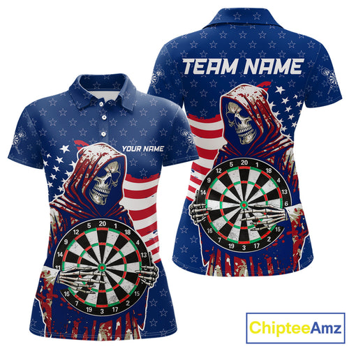American Flag Grim Reaper Darts Shirt For Women Custom Patriotic Darts Jersey Team Polo & 1/4 Zip TDM5148