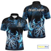 Load image into Gallery viewer, Black And Blue Dartboard Tribal Flame Darts Polo &amp; 1/4 Zip For Men Custom Darts Team Jersey TDM6013