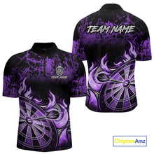 Load image into Gallery viewer, Black And Purple Dartboard Tribal Flame Darts Polo &amp; 1/4 Zip For Men Custom Darts Team Jersey TDM6014