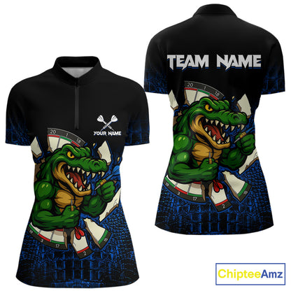 Black and Blue Funny Alligator Quarter Zip Darts Shirt for Women Created for Competitive Dart League Teams with Performance Fabric and Tournament Ready Team Design
