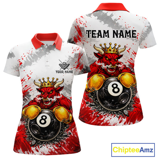 Red And White Grunge Bull 8 Ball Billiard Shirt For Women Custom Pool Team Jersey Polo & 1/4 Zip TDM5647