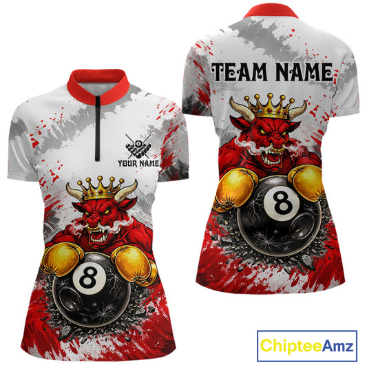 Red And White Grunge Bull 8 Ball Billiard Shirt For Women Custom Pool Team Jersey Polo & 1/4 Zip TDM5647