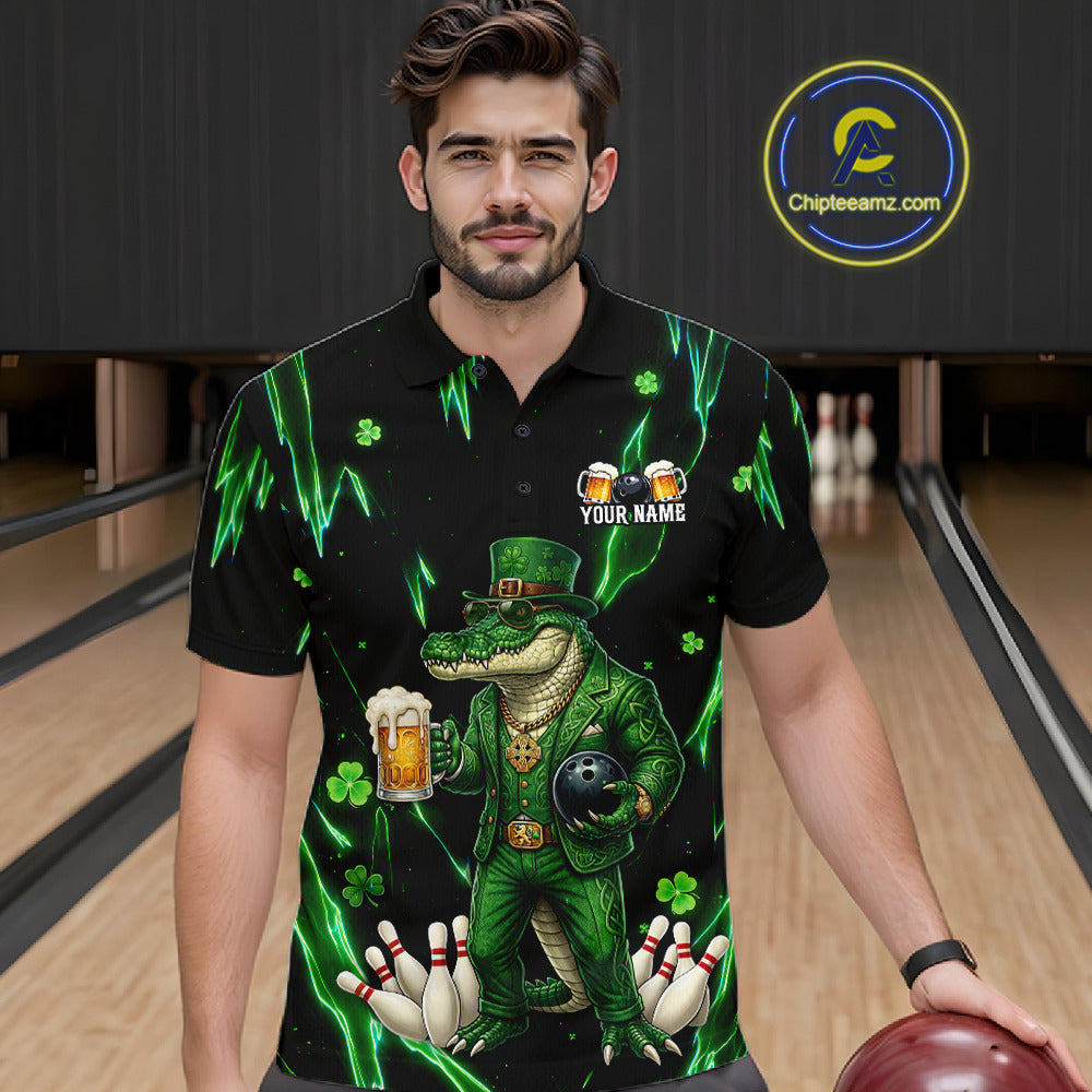 Custom Green St Patricks Alligator Bowling Shirt For Men, Lucky Bowling Team Jersey Polo & 1/4 Zip TDM6266