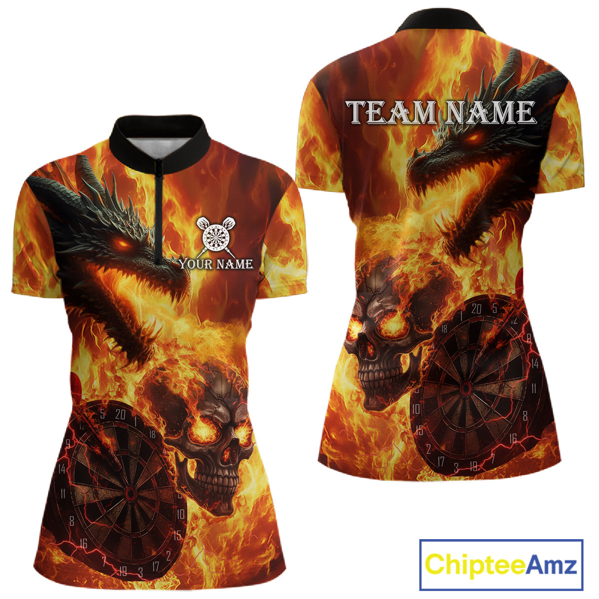 Personalized Orange Flaming Dragon And Skull Darts Shirt For Women Custom 3D Fire Darts Team Jersey TDM4958