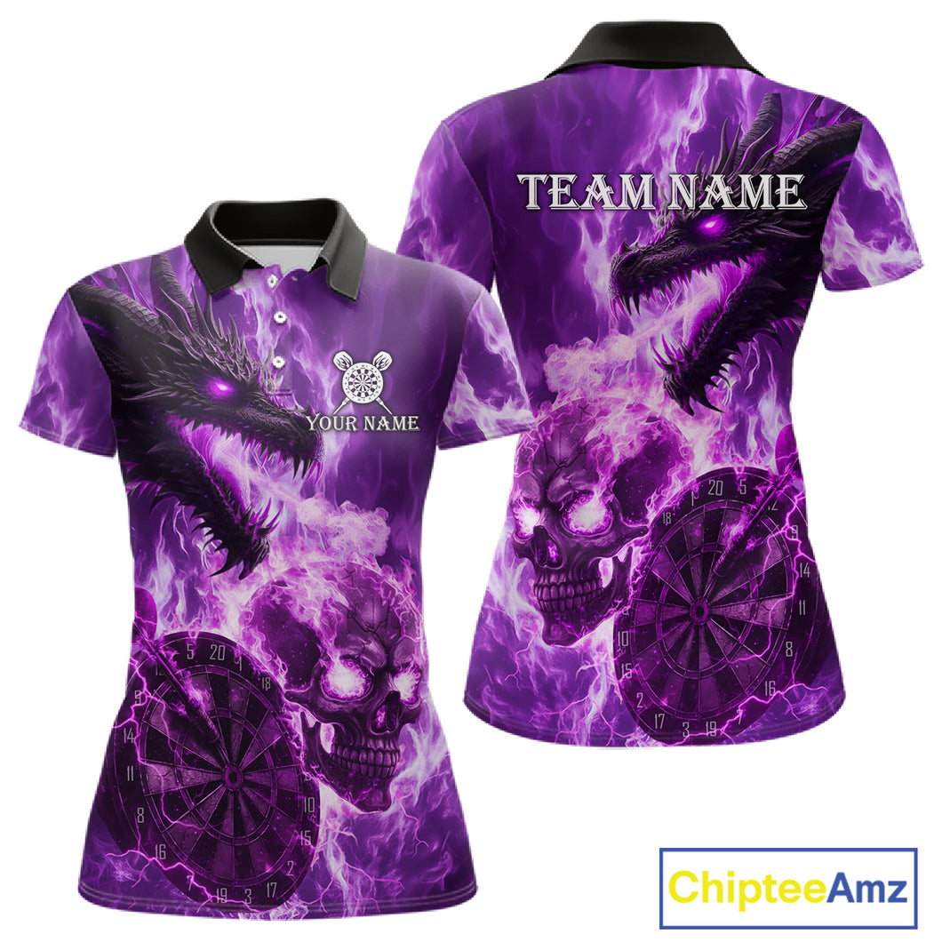 Personalized Purple Flaming Dragon And Skull Darts Shirt For Women Custom 3D Fire Darts Team Jersey TDM4959