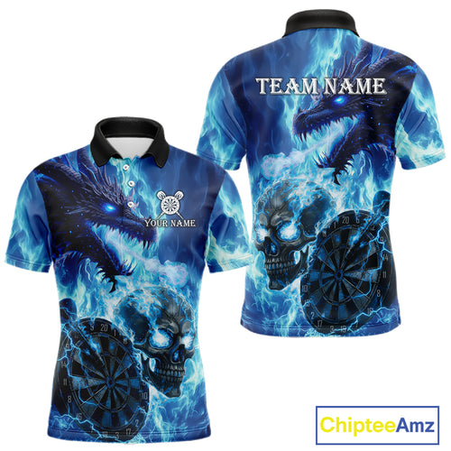 Personalized Blue Flaming Dragon And Skull Darts Shirt For Men Custom 3D Fire Darts Team Jersey TDM4960