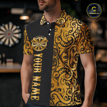 Load image into Gallery viewer, Black And Gold Custom Tribal Darts Shirt For Men, Personalized Darts Jersey Team Polo &amp; Quarter Zip TDM5392