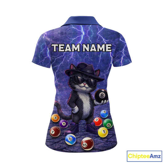 Purple Funny Cat Lightning Billiard Shirt For Women Custom 8 Ball Pool Team Jersey Polo & 1/4 Zip TDM5912