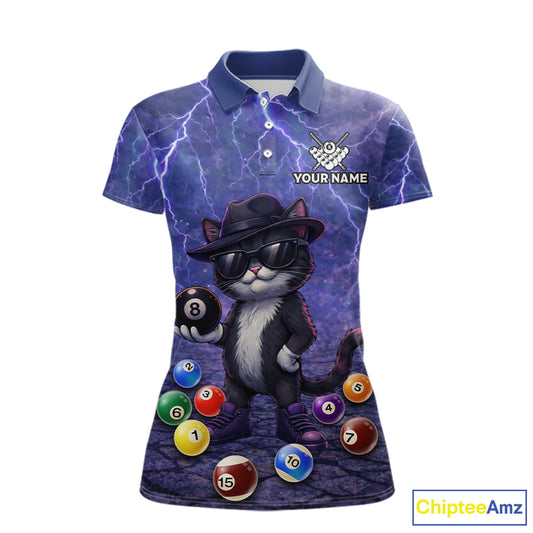 Purple Funny Cat Lightning Billiard Shirt For Women Custom 8 Ball Pool Team Jersey Polo & 1/4 Zip TDM5912
