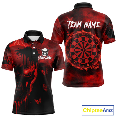 Black And Red Grunge Skull Butterflies Darts Shirt For Men Custom Darts Jersey Team Polo & 1/4 Zip TDM4992