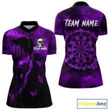 Load image into Gallery viewer, Black And Purple Grunge Skull Butterflies Darts Shirt For Women Custom Dart Jersey Polo &amp; 1/4 Zip TDM4994