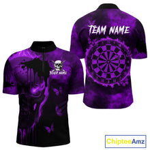 Load image into Gallery viewer, Black And Purple Grunge Skull Butterflies Darts Shirt For Men Custom Dart Jersey Polo &amp; 1/4 Zip TDM4994