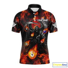Load image into Gallery viewer, Orange Flaming Grim Reaper Billiard Shirt For Men Custom Fire Pool Team Jersey Polo &amp; Quarter Zip TDM6077