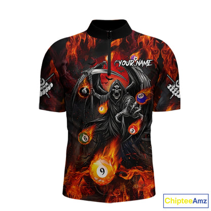 Orange Flaming Grim Reaper Billiard Shirt For Men Custom Fire Pool Team Jersey Polo & Quarter Zip TDM6077