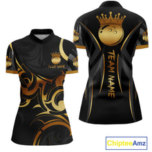 Load image into Gallery viewer, Black And Gold Custom Crown Tribal Bowling Shirt For Women, Bowling Team Jersey Polo &amp; 1/4 Zip TDM6086