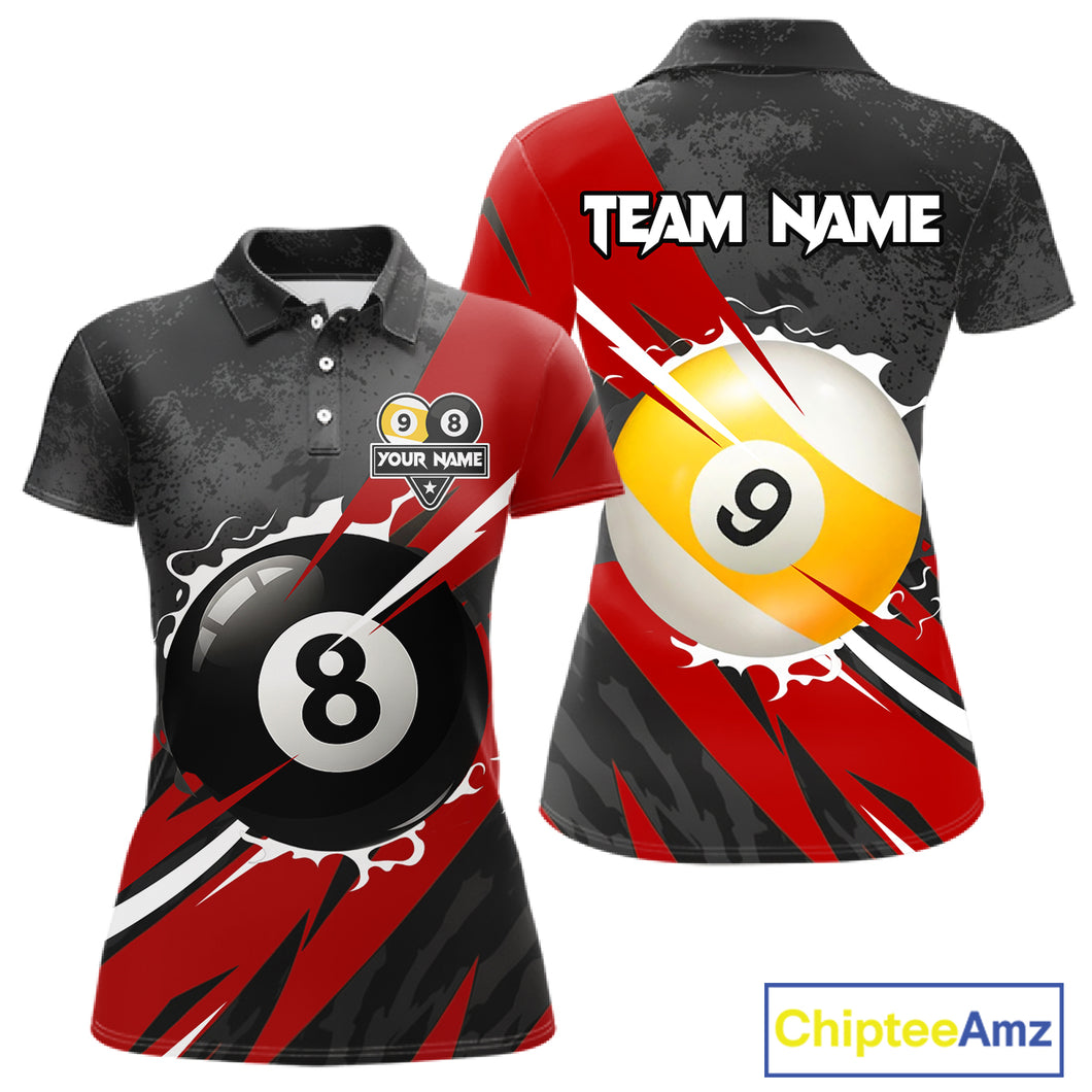 Black And Red 8 Ball & 9 Ball Billiard Shirt For Women Custom Pool Jersey, Billiard Team Shirts TDM5019