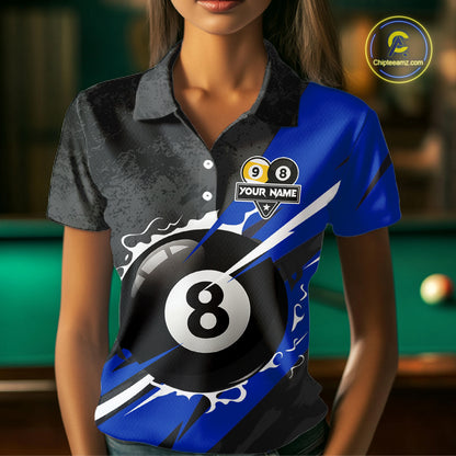 Black And Blue 8 Ball & 9 Ball Billiard Shirt For Women Custom Pool Jersey, Billiard Team Shirts TDM5020
