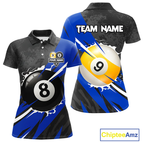 Black And Blue 8 Ball & 9 Ball Billiard Shirt For Women Custom Pool Jersey, Billiard Team Shirts TDM5020