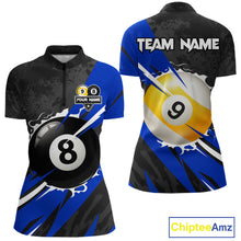 Load image into Gallery viewer, Black And Blue 8 Ball &amp; 9 Ball Billiard Shirt For Women Custom Pool Jersey, Billiard Team Shirts TDM5020