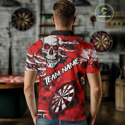 Personalized Red Grunge Skull Darts Shirt For Men Custom Darts Team Jersey Polo & Quarter Zip TDM5028