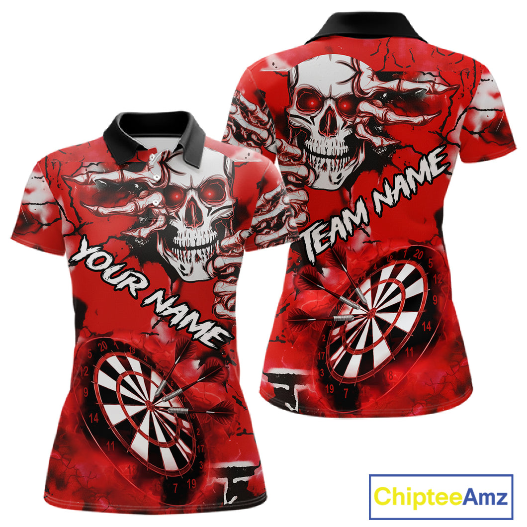 Personalized Red Grunge Skull Darts Shirt For Women Custom Darts Team Jersey Polo & Quarter Zip TDM5028