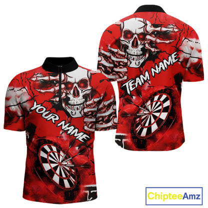 Personalized Red Grunge Skull Darts Shirt For Men Custom Darts Team Jersey Polo & Quarter Zip TDM5028