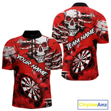 Load image into Gallery viewer, Personalized Red Grunge Skull Darts Shirt For Men Custom Darts Team Jersey Polo &amp; Quarter Zip TDM5028