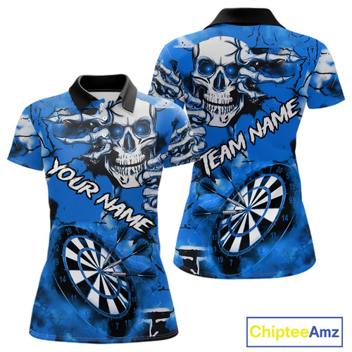 Personalized Blue Grunge Skull Darts Shirt For Women Custom Darts Team Jersey Polo & Quarter Zip TDM5029
