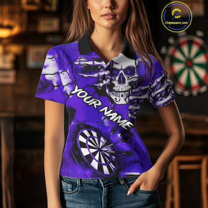 Personalized Purple Grunge Skull Darts Shirt For Women Custom Darts Team Jersey Polo & Quarter Zip TDM5030