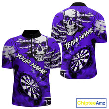 Load image into Gallery viewer, Personalized Purple Grunge Skull Darts Shirt For Men Custom Darts Team Jersey Polo &amp; Quarter Zip TDM5030