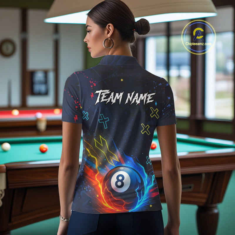 Funny Neon 8 Ball Billiard Shirt For Women Custom Navy Blue Pool Team Shirt Polo & 1/4 Zip TDM5491