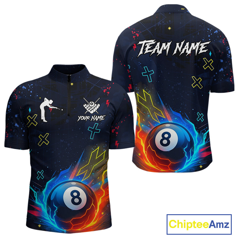Funny Neon 8 Ball Billiard Shirt For Men Custom Navy Blue Pool Team Shirt Polo & 1/4 Zip TDM5491
