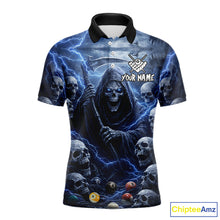 Load image into Gallery viewer, Blue Grim Reaper Lightning Billiard Shirt For Men Custom Skull Pool Team Jersey Polo &amp; 1/4 Zip TDM5963