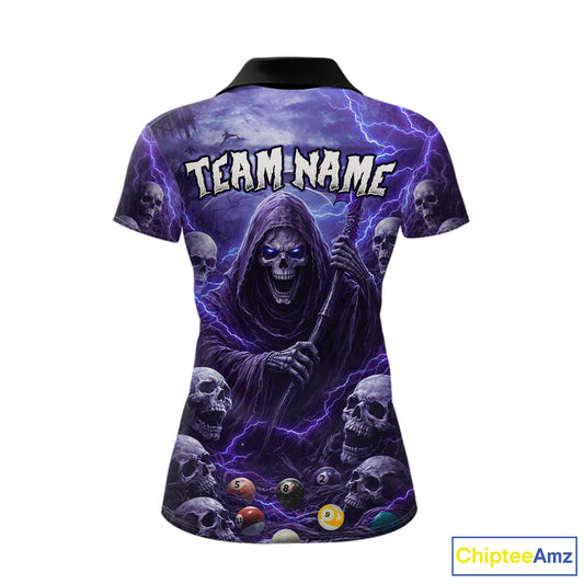 Purple Grim Reaper Lightning Billiard Shirt For Women Custom Skull Pool Team Jersey Polo & 1/4 Zip TDM5964