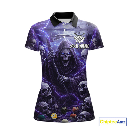 Purple Grim Reaper Lightning Billiard Shirt For Women Custom Skull Pool Team Jersey Polo & 1/4 Zip TDM5964