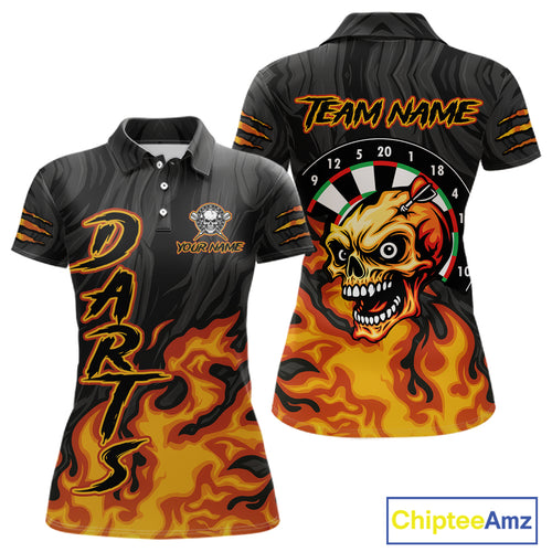 Black And Orange Custom Fire Flame Skull Darts Shirt For Women, Darts Jersey Team Polo & 1/4 Zip TDM5057